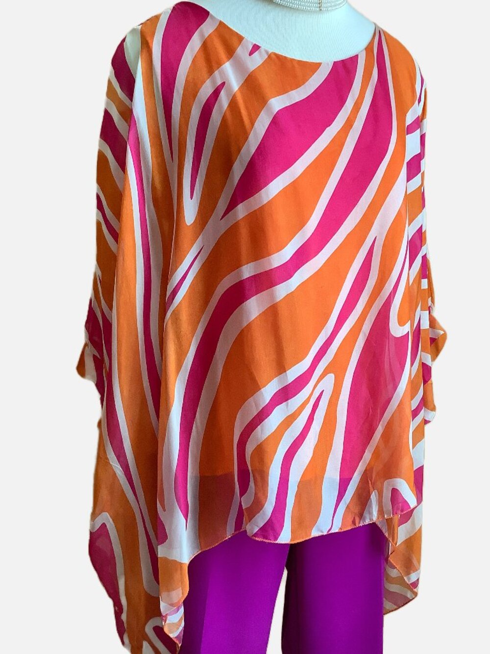 Made in Italy Silk Tunic Top Orange Pink Abstract Print Flowy Size L